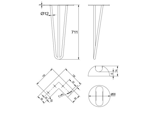 Picior Masa ARTO, ø12 / 711 mm, Negru Mat, NM-ARTO-12-3R711-20M
