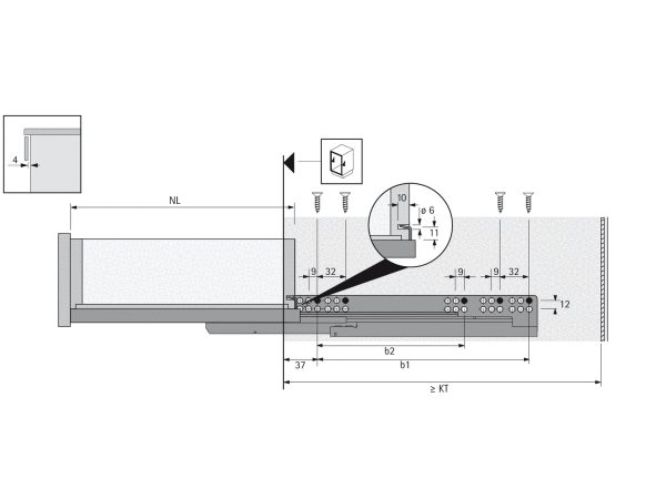 Quadro V6 P2O glisiera cu extensie totala si Push to Open, pentru PAL de 16mm (EB20), 300 mm 9111236/ 9105123-9105124