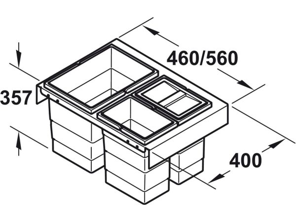 502.03.563 Sortator de gunoi cu trei cosuri, 1 x 20 si 2 x 10 litri, Hailo Zargen-Cargo Moovit 3673-63