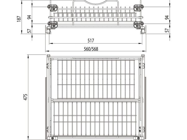 548.55.944 Scurgator vase si pahare tip sertar, extragere totala si amortizare, corp 600 mm, Aluminiu